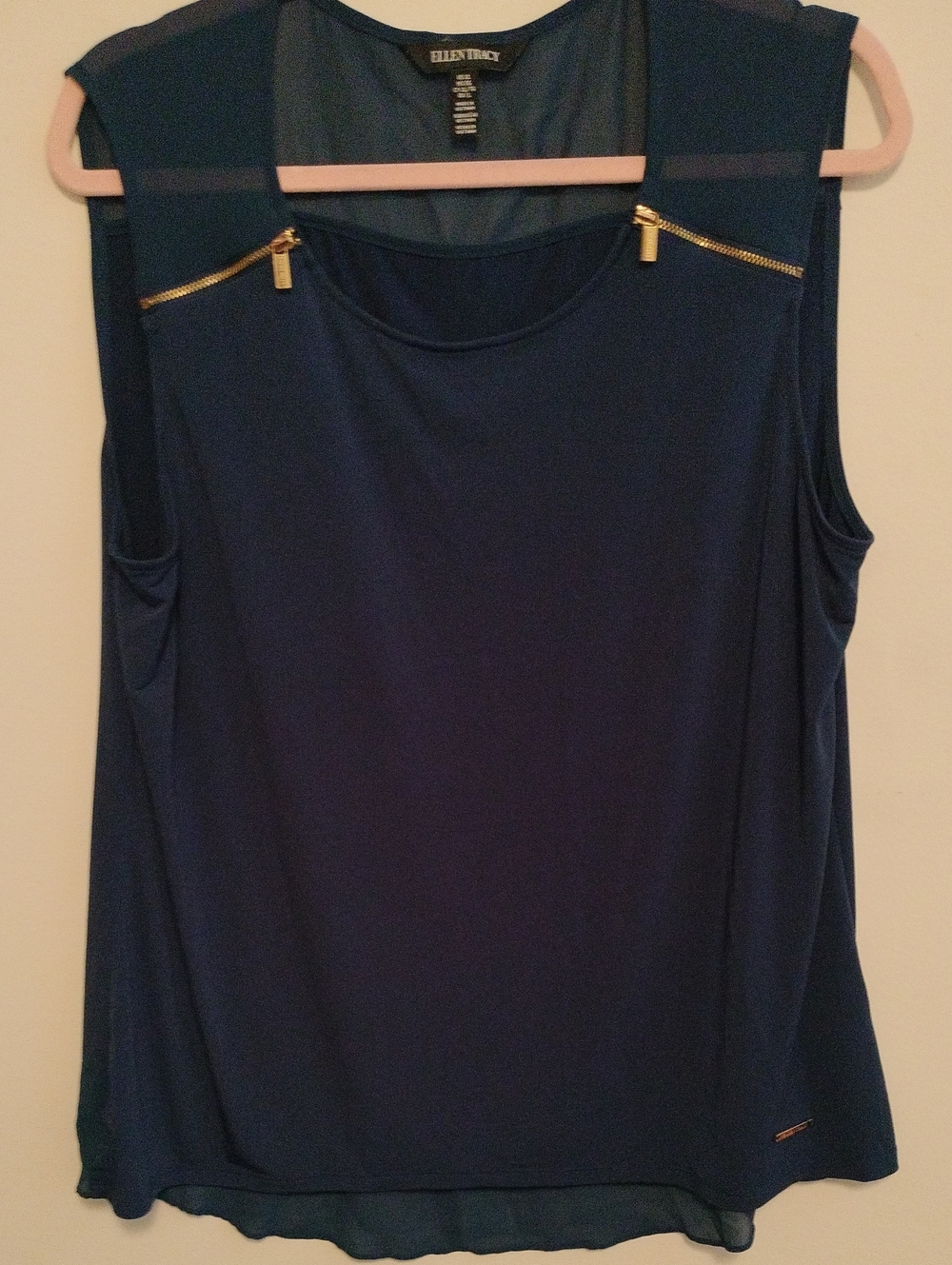 Ellen Tracy Blue Navy Sleeveless Tank with Gold Zipper Accents